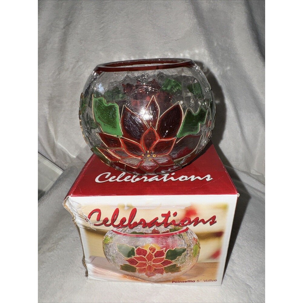 Celebrations Poinsettia Votive Candle Holder Size 5" Mouth blown Hand painted